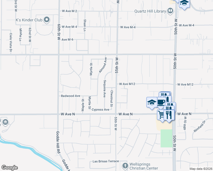 map of restaurants, bars, coffee shops, grocery stores, and more near 5545 Pine Avenue in Quartz Hill