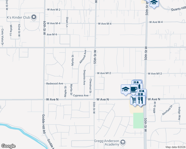 map of restaurants, bars, coffee shops, grocery stores, and more near 41417 Jacaranda Street in Palmdale
