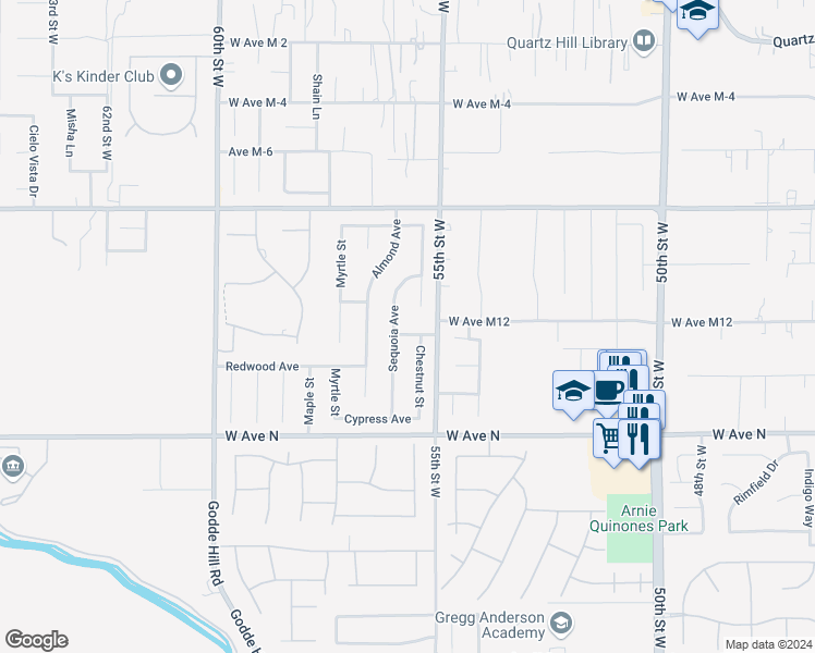 map of restaurants, bars, coffee shops, grocery stores, and more near 5535 Pine Avenue in Quartz Hill