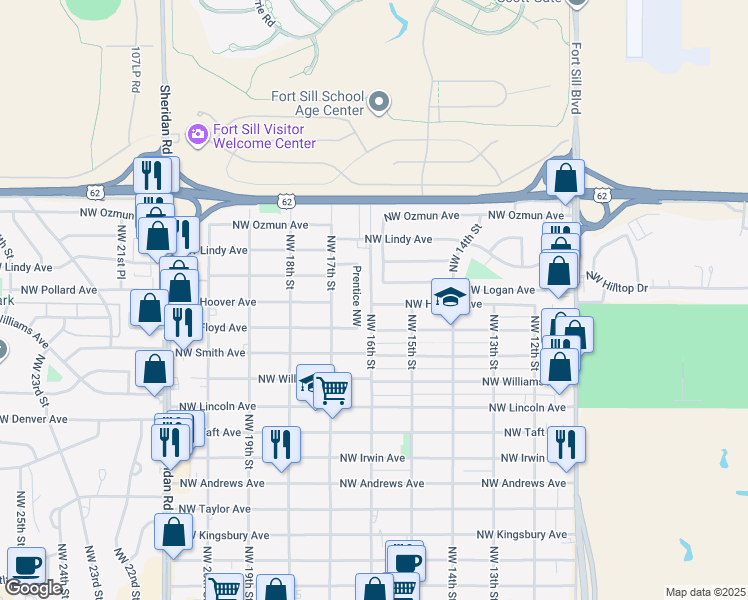 map of restaurants, bars, coffee shops, grocery stores, and more near 1437 Northwest Hoover Avenue in Lawton