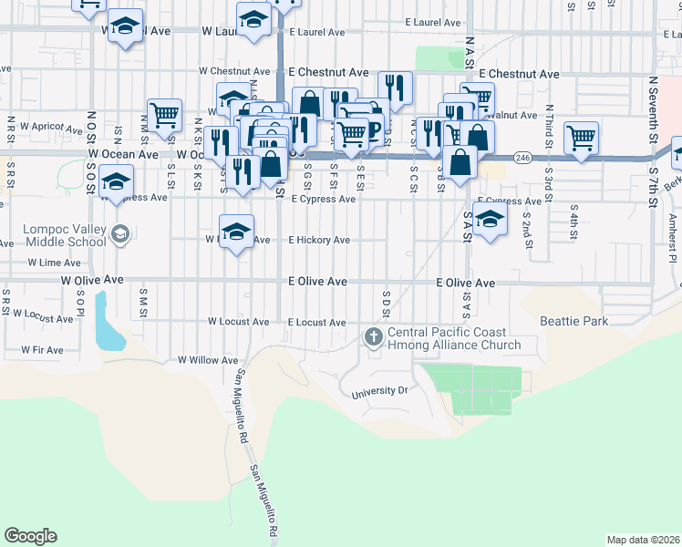 map of restaurants, bars, coffee shops, grocery stores, and more near 319 South E Street in Lompoc
