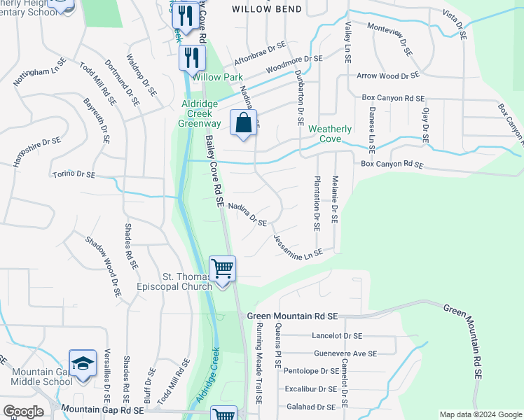map of restaurants, bars, coffee shops, grocery stores, and more near 2004 Rangewood Circle Southeast in Huntsville
