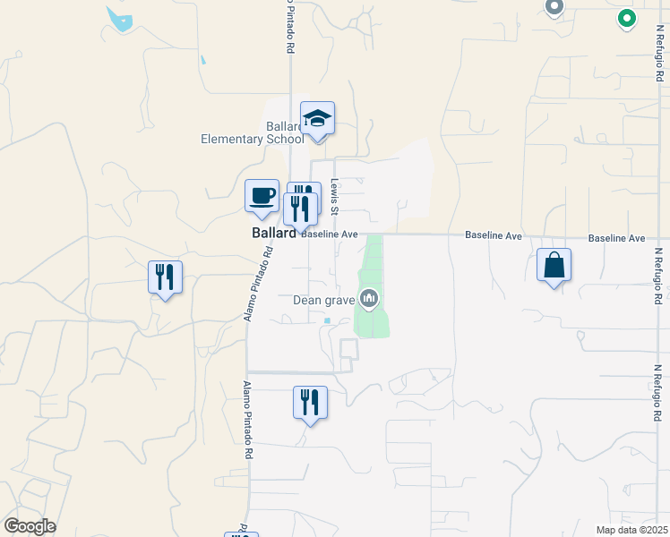map of restaurants, bars, coffee shops, grocery stores, and more near 1751 Lewis Street in Solvang