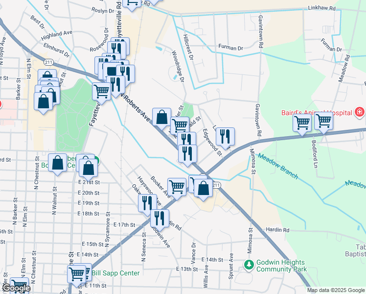 map of restaurants, bars, coffee shops, grocery stores, and more near 1940 North Roberts Avenue in Lumberton