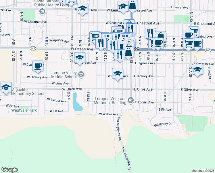 map of restaurants, bars, coffee shops, grocery stores, and more near 334 South K Street in Lompoc