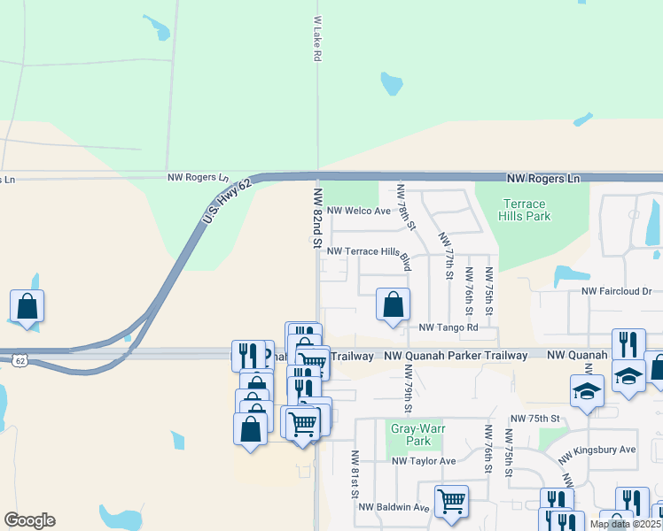 map of restaurants, bars, coffee shops, grocery stores, and more near 2505 Northwest 82nd Street in Lawton