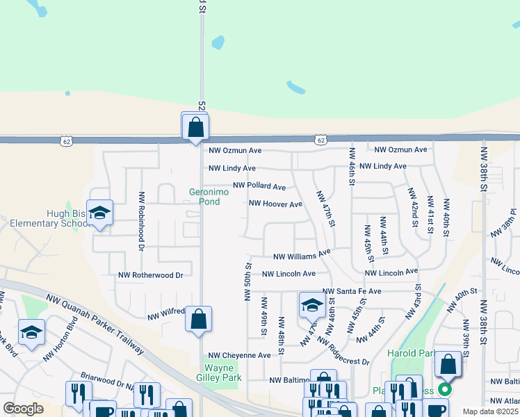 map of restaurants, bars, coffee shops, grocery stores, and more near 4825 Northwest Hoover Avenue in Lawton