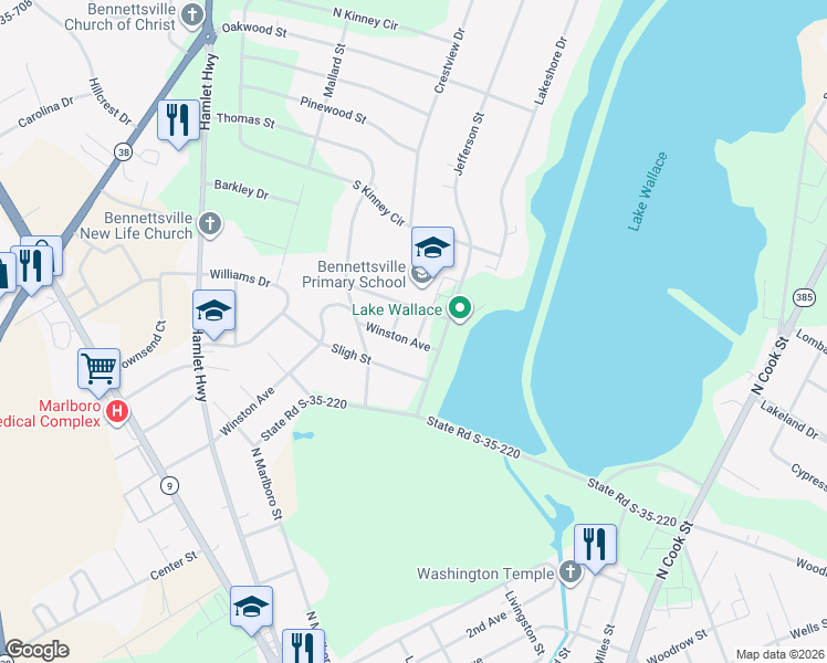map of restaurants, bars, coffee shops, grocery stores, and more near 503 Sewanee Street in Bennettsville