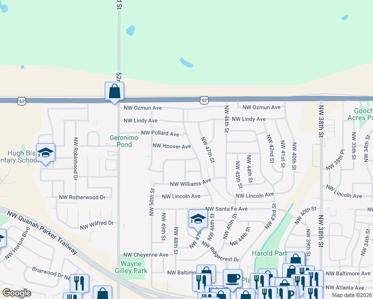 map of restaurants, bars, coffee shops, grocery stores, and more near 2329 Northwest Austin Drive in Lawton