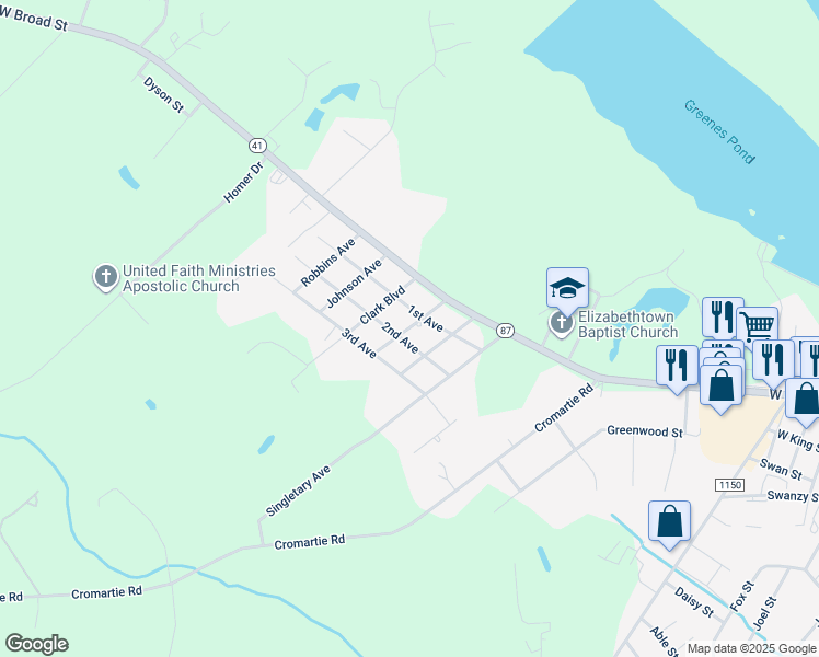 map of restaurants, bars, coffee shops, grocery stores, and more near Keith Avenue in Elizabethtown