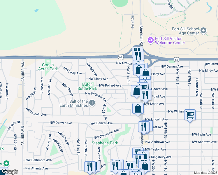 map of restaurants, bars, coffee shops, grocery stores, and more near 2215 Northwest Pollard Avenue in Lawton