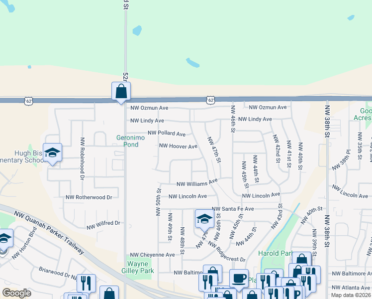 map of restaurants, bars, coffee shops, grocery stores, and more near 4813 Northwest Hoover Avenue in Lawton
