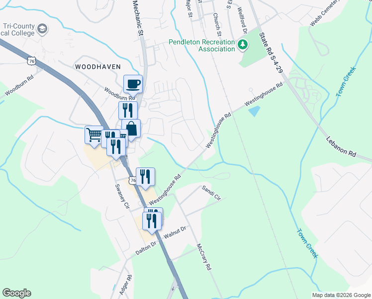 map of restaurants, bars, coffee shops, grocery stores, and more near 300 Westinghouse Road in Pendleton