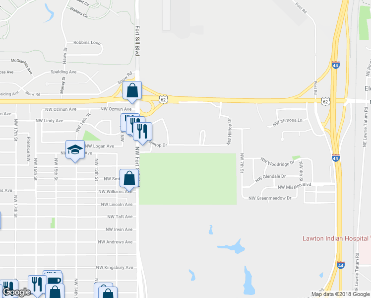 map of restaurants, bars, coffee shops, grocery stores, and more near 834 Northwest Hilltop Drive in Lawton