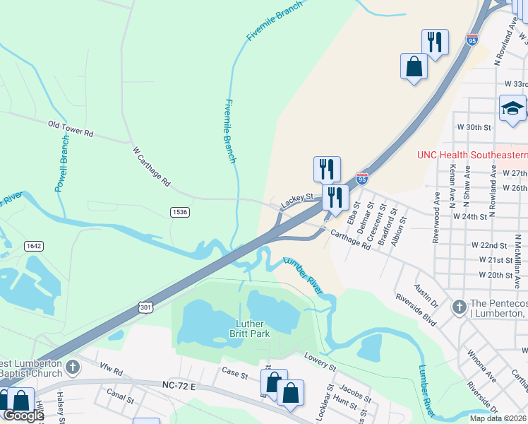 map of restaurants, bars, coffee shops, grocery stores, and more near 2011 West Carthage Road in Lumberton