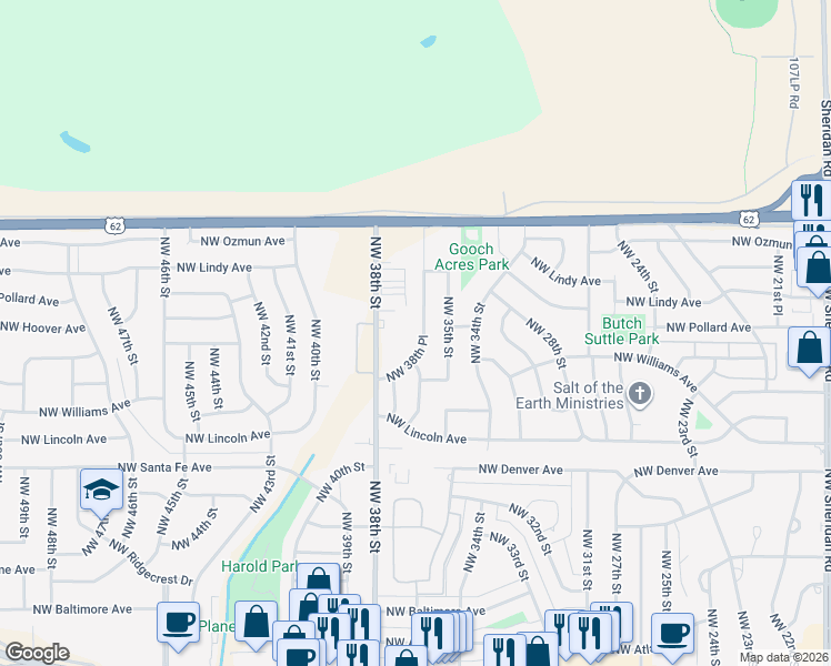 map of restaurants, bars, coffee shops, grocery stores, and more near 2517 Northwest 38th Place in Lawton