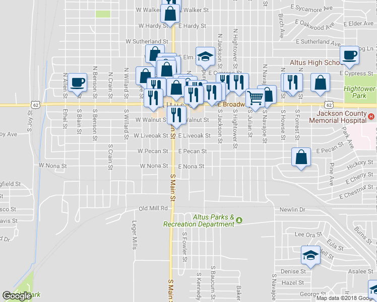 map of restaurants, bars, coffee shops, grocery stores, and more near 399 South Grady Street in Altus