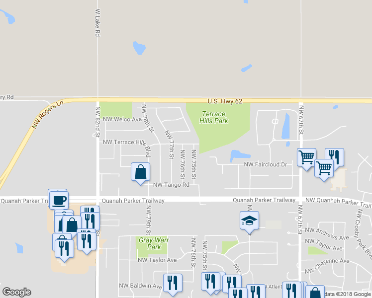 map of restaurants, bars, coffee shops, grocery stores, and more near 2327 Northwest 76th Street in Lawton