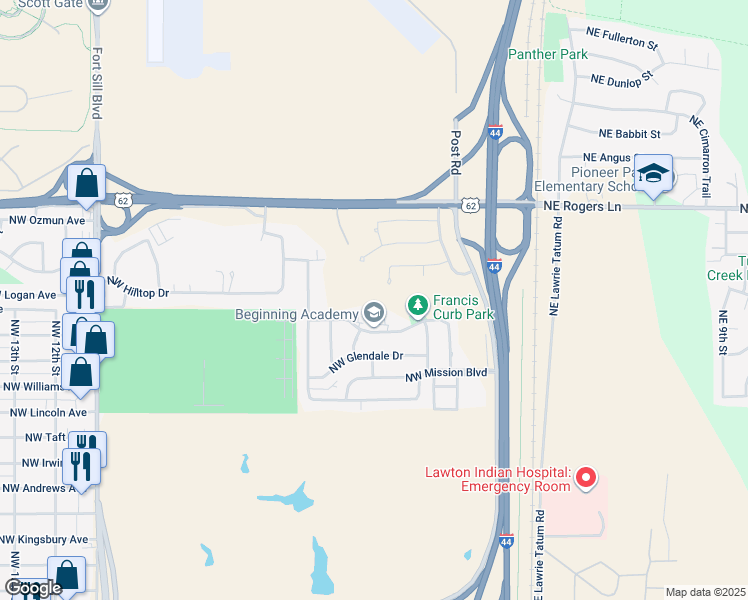 map of restaurants, bars, coffee shops, grocery stores, and more near 501 Northwest Woodridge Drive in Lawton