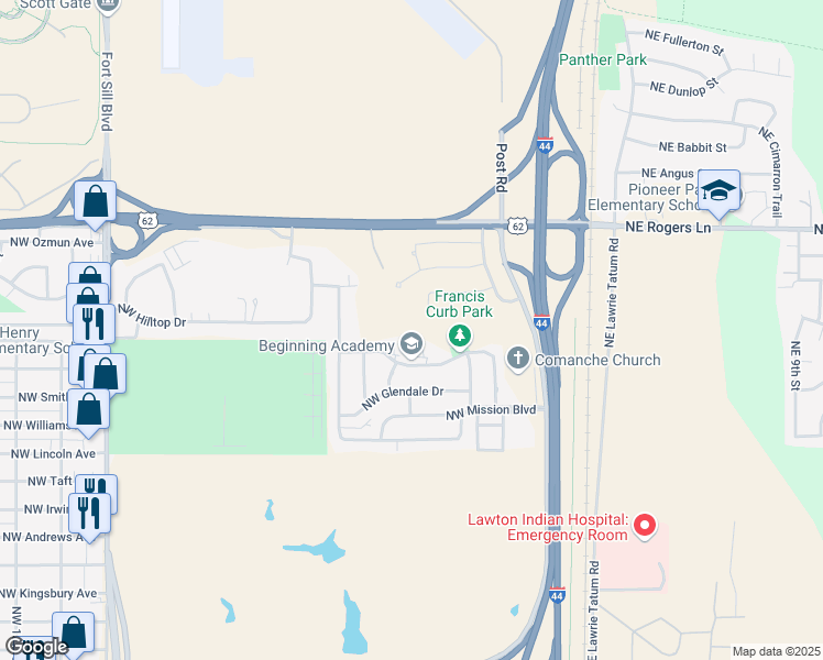 map of restaurants, bars, coffee shops, grocery stores, and more near 501 Northwest Woodridge Drive in Lawton