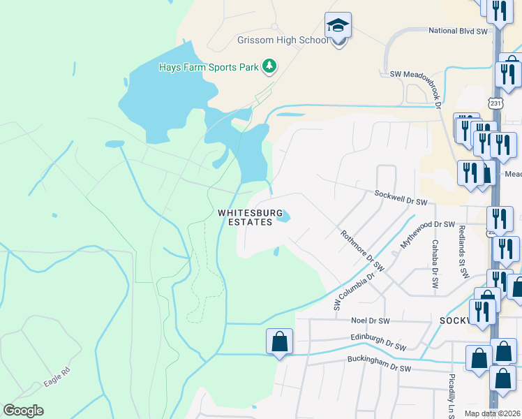 map of restaurants, bars, coffee shops, grocery stores, and more near 2402 Rothmore Drive Southwest in Huntsville
