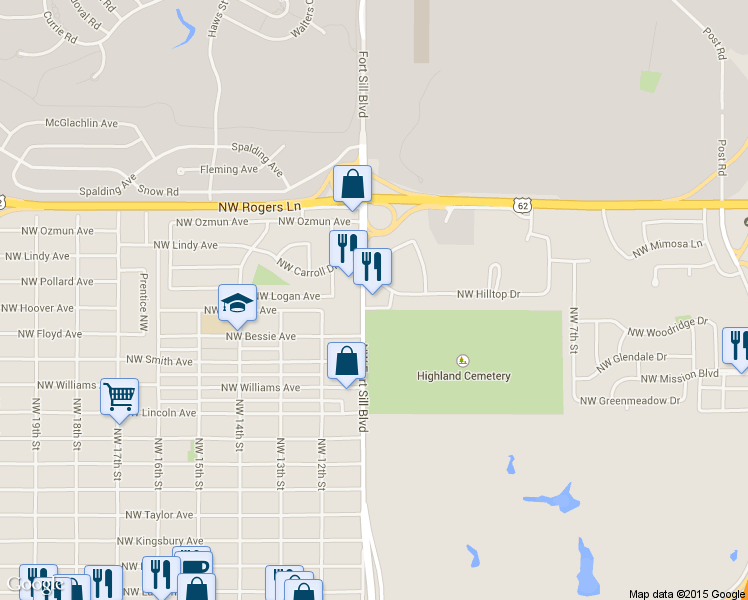 map of restaurants, bars, coffee shops, grocery stores, and more near 2601 Northwest Fort Sill Boulevard in Lawton