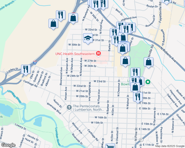 map of restaurants, bars, coffee shops, grocery stores, and more near 2400 North McMillan Avenue in Lumberton