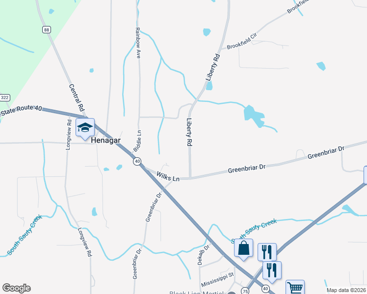 map of restaurants, bars, coffee shops, grocery stores, and more near 157 Liberty Road in Henagar