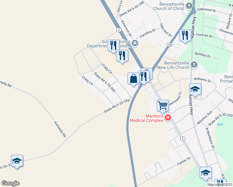 map of restaurants, bars, coffee shops, grocery stores, and more near 556 State Road S-35-583 in Bennettsville