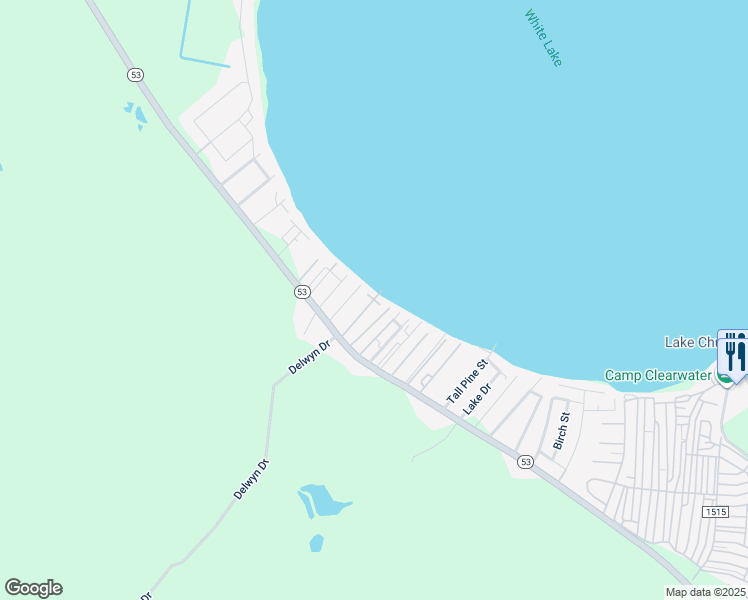 map of restaurants, bars, coffee shops, grocery stores, and more near Juniper Street in White Lake