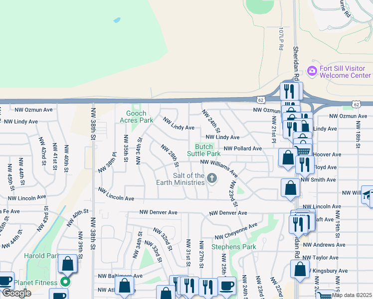 map of restaurants, bars, coffee shops, grocery stores, and more near 2618 Northwest 26th Street in Lawton