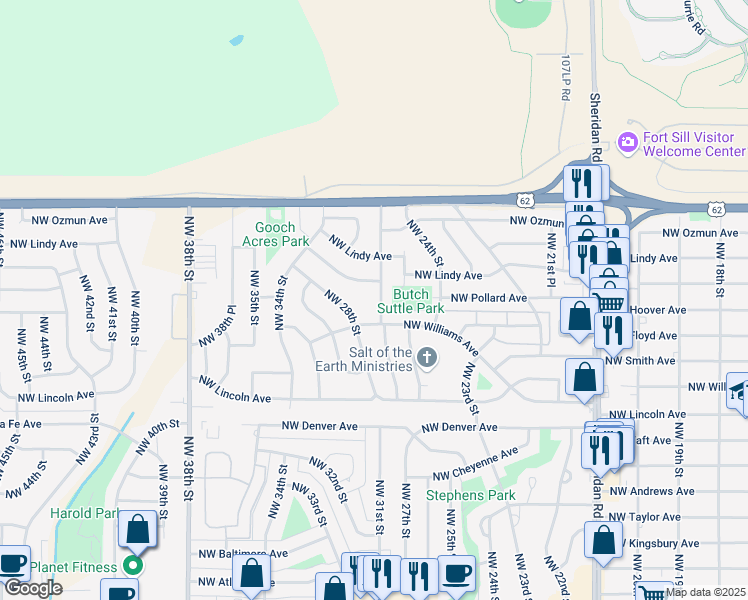 map of restaurants, bars, coffee shops, grocery stores, and more near 2625 Northwest 26th Street in Lawton