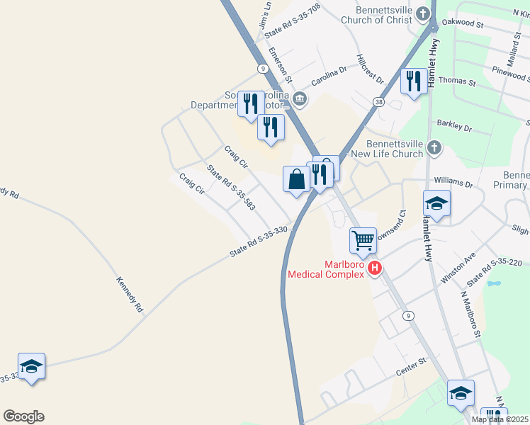 map of restaurants, bars, coffee shops, grocery stores, and more near 556 State Road S-35-583 in Bennettsville
