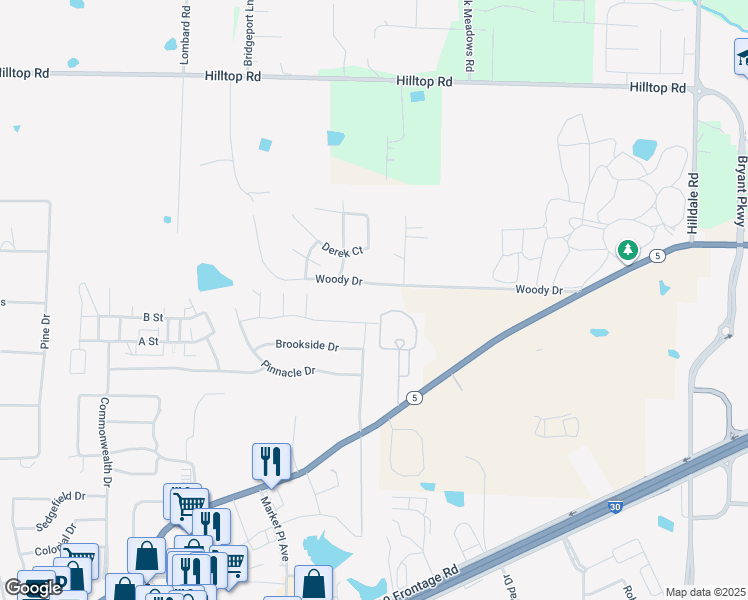 map of restaurants, bars, coffee shops, grocery stores, and more near 727 Woody Drive in Alexander