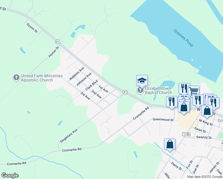 map of restaurants, bars, coffee shops, grocery stores, and more near 104 Jessup Avenue in Elizabethtown