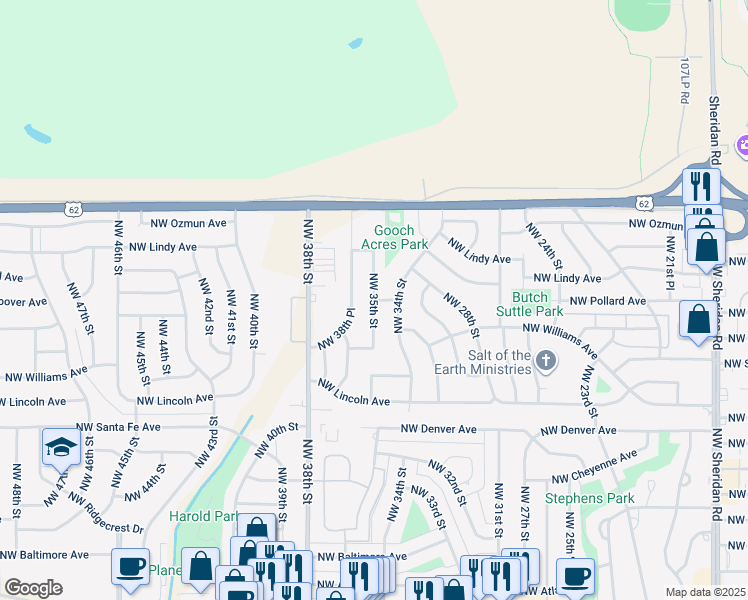 map of restaurants, bars, coffee shops, grocery stores, and more near 3498 Northwest Lindy Avenue in Lawton