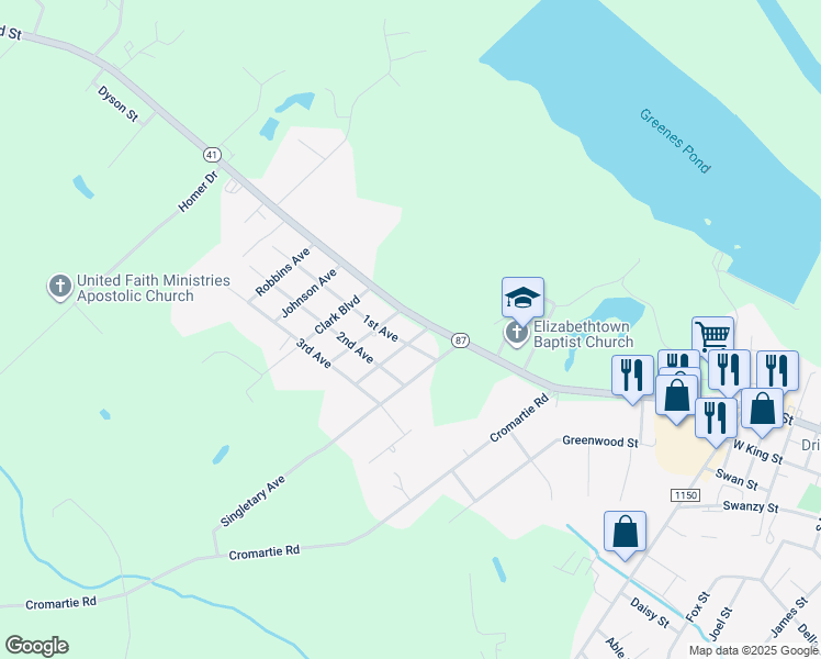 map of restaurants, bars, coffee shops, grocery stores, and more near 104 Jessup Avenue in Elizabethtown