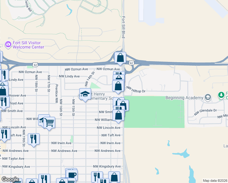 map of restaurants, bars, coffee shops, grocery stores, and more near 2705 Mobley Street Northwest in Lawton