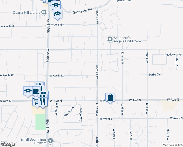 map of restaurants, bars, coffee shops, grocery stores, and more near 4525 West Avenue M12 in Lancaster