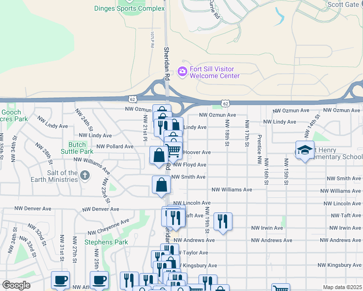 map of restaurants, bars, coffee shops, grocery stores, and more near 2009 Northwest Hoover Avenue in Lawton