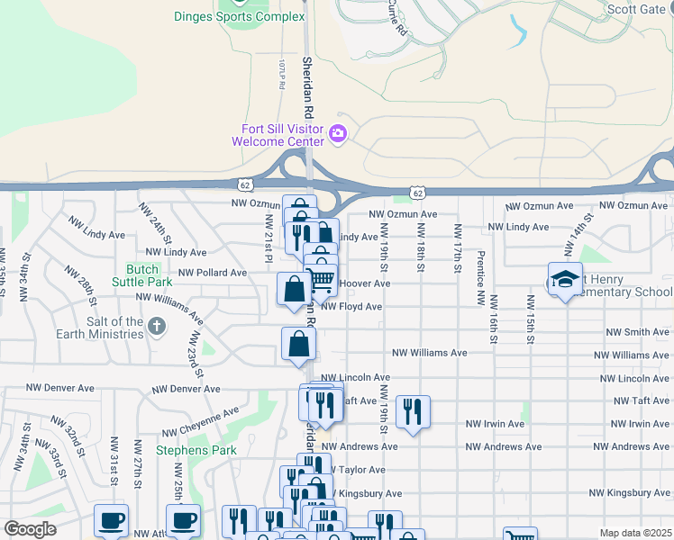 map of restaurants, bars, coffee shops, grocery stores, and more near 2011 Northwest Hoover Avenue in Lawton