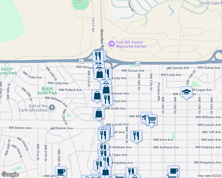 map of restaurants, bars, coffee shops, grocery stores, and more near 2009 Northwest Hoover Avenue in Lawton