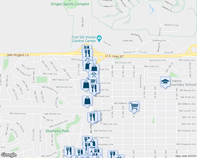 map of restaurants, bars, coffee shops, grocery stores, and more near 2009 Northwest Hoover Avenue in Lawton