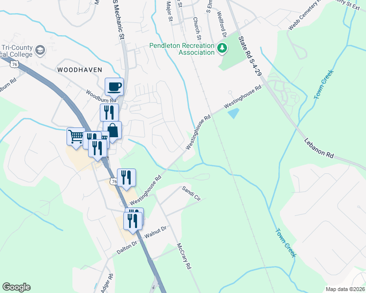 map of restaurants, bars, coffee shops, grocery stores, and more near 300 Sliding Rock Drive in Pendleton