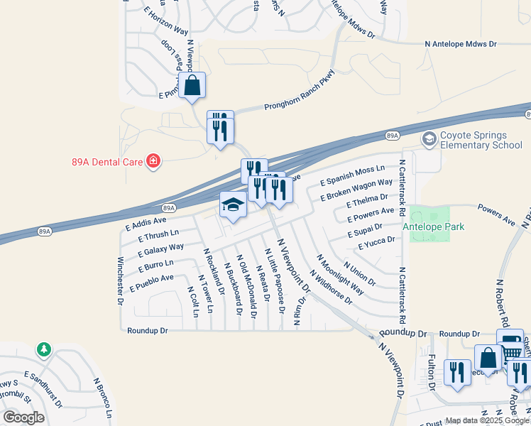 map of restaurants, bars, coffee shops, grocery stores, and more near 7497 East Addis Avenue in Prescott Valley