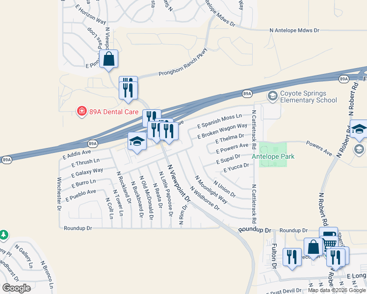 map of restaurants, bars, coffee shops, grocery stores, and more near 6430 North Warbonnet Drive in Prescott Valley