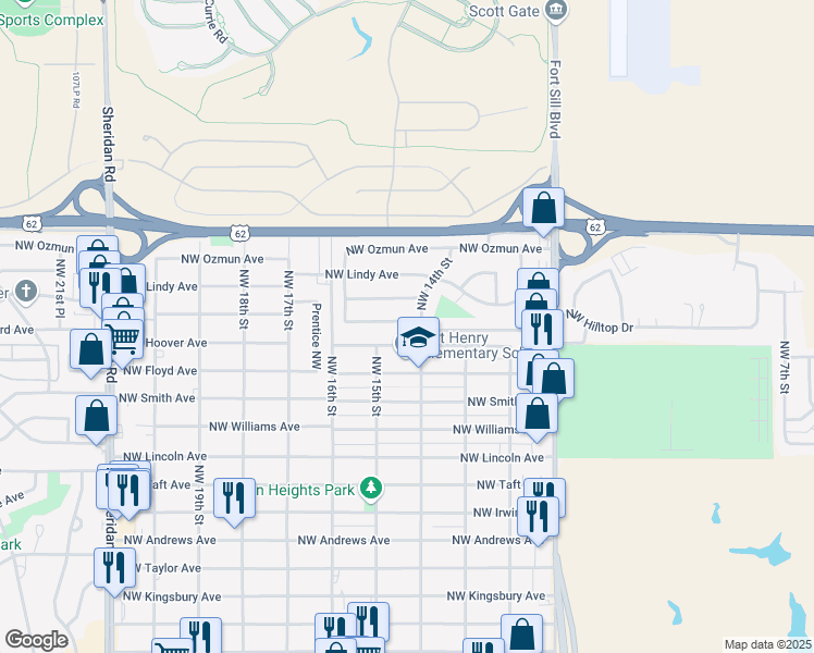 map of restaurants, bars, coffee shops, grocery stores, and more near 1406 Northwest Logan Avenue in Lawton
