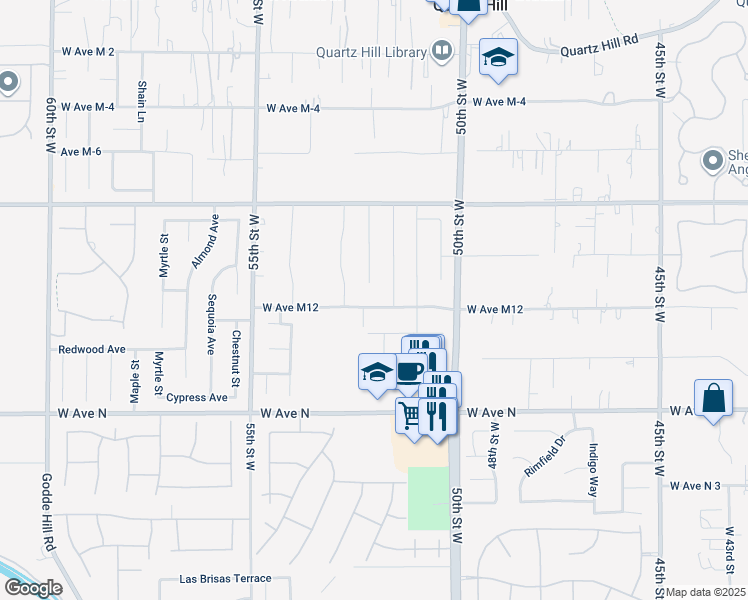 map of restaurants, bars, coffee shops, grocery stores, and more near 5155 West Avenue M12 in Quartz Hill