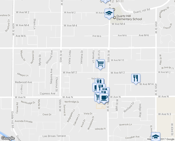 map of restaurants, bars, coffee shops, grocery stores, and more near 5161 West Avenue M12 in Lancaster
