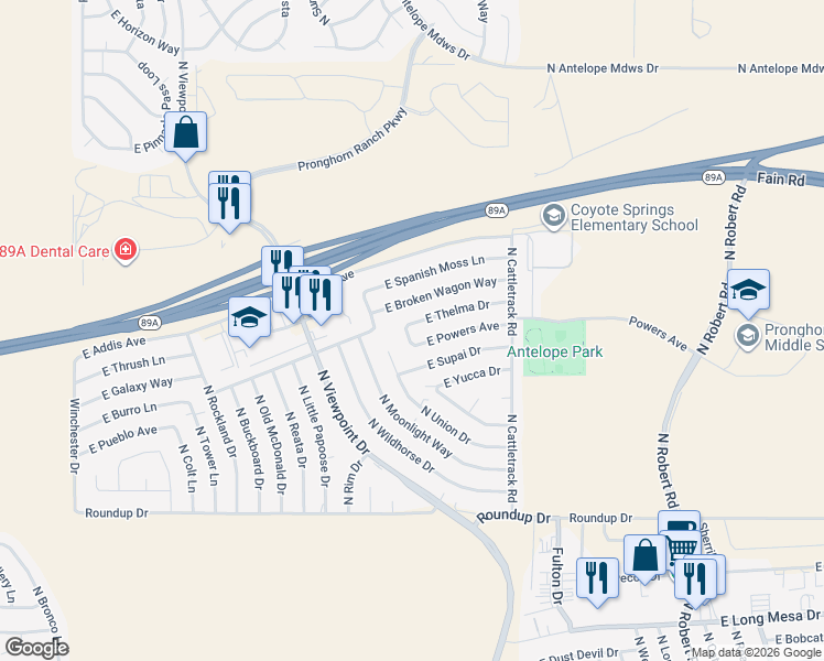 map of restaurants, bars, coffee shops, grocery stores, and more near 7717 East Thelma Drive in Prescott Valley